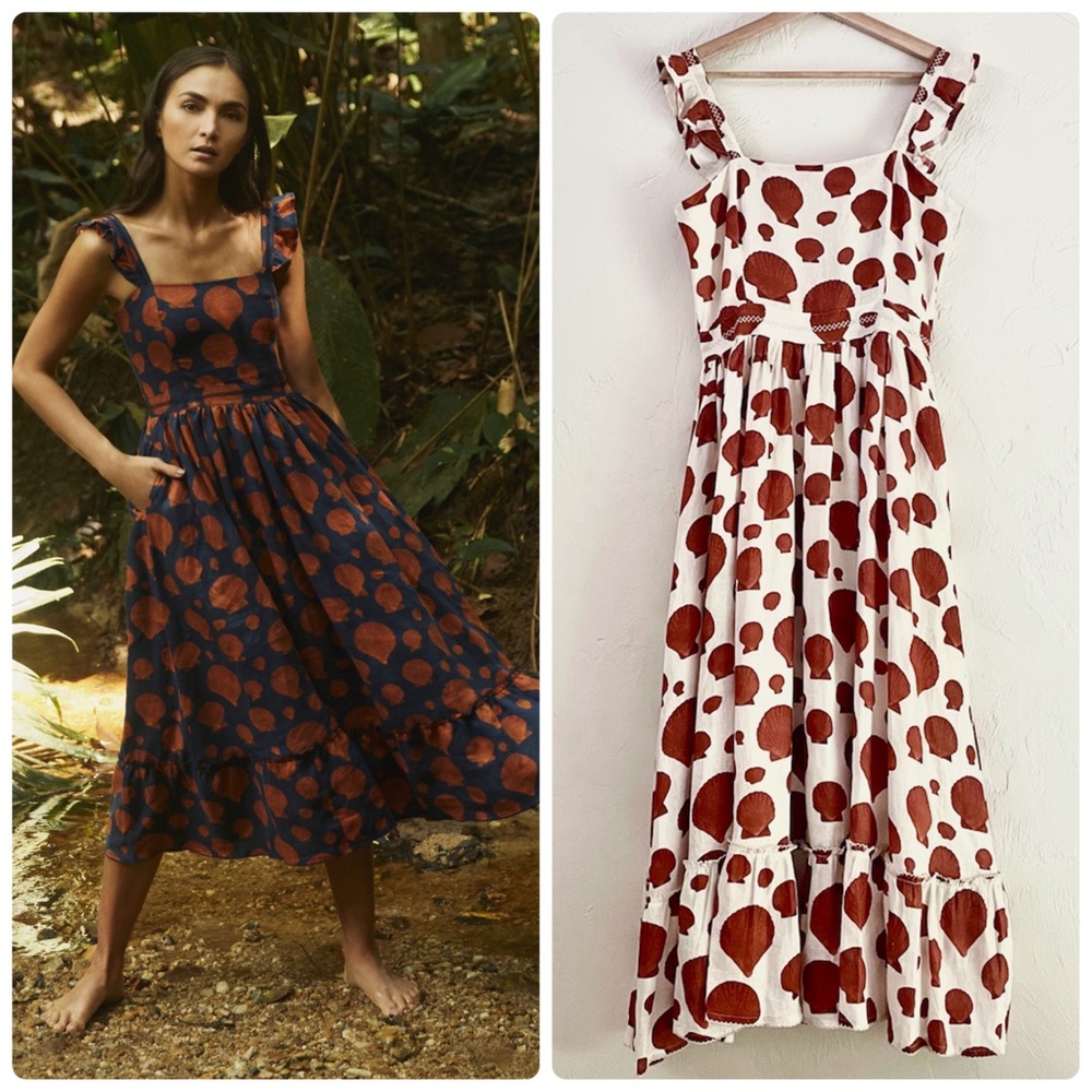 RARE Agua Bendita NWT Herbarium Linen Midi Dress in Nacar (White Seashell Print)